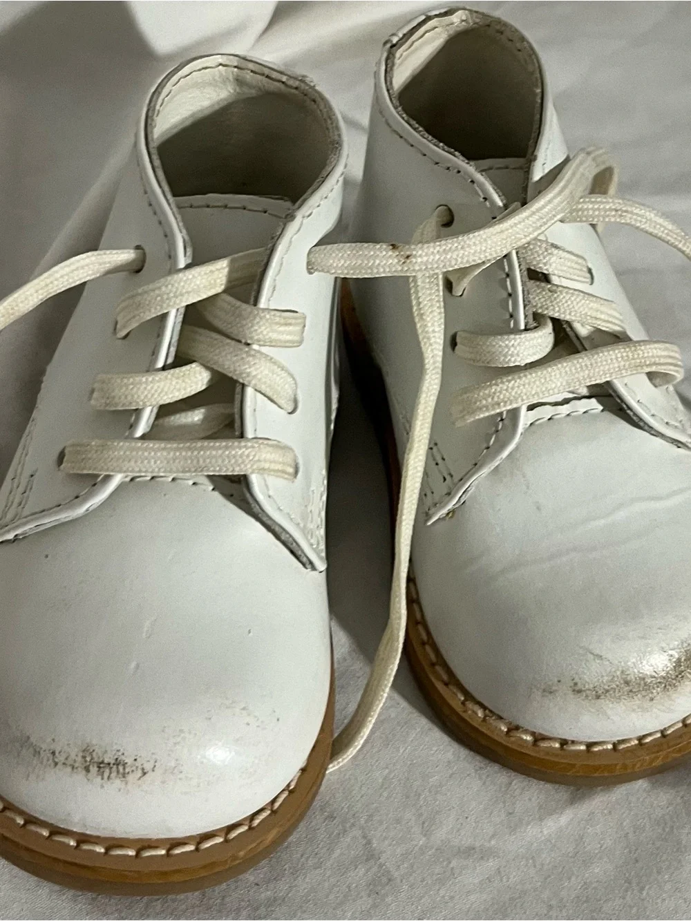 Baby White Leather Lace-Up Walker Shoes with Tan Sole